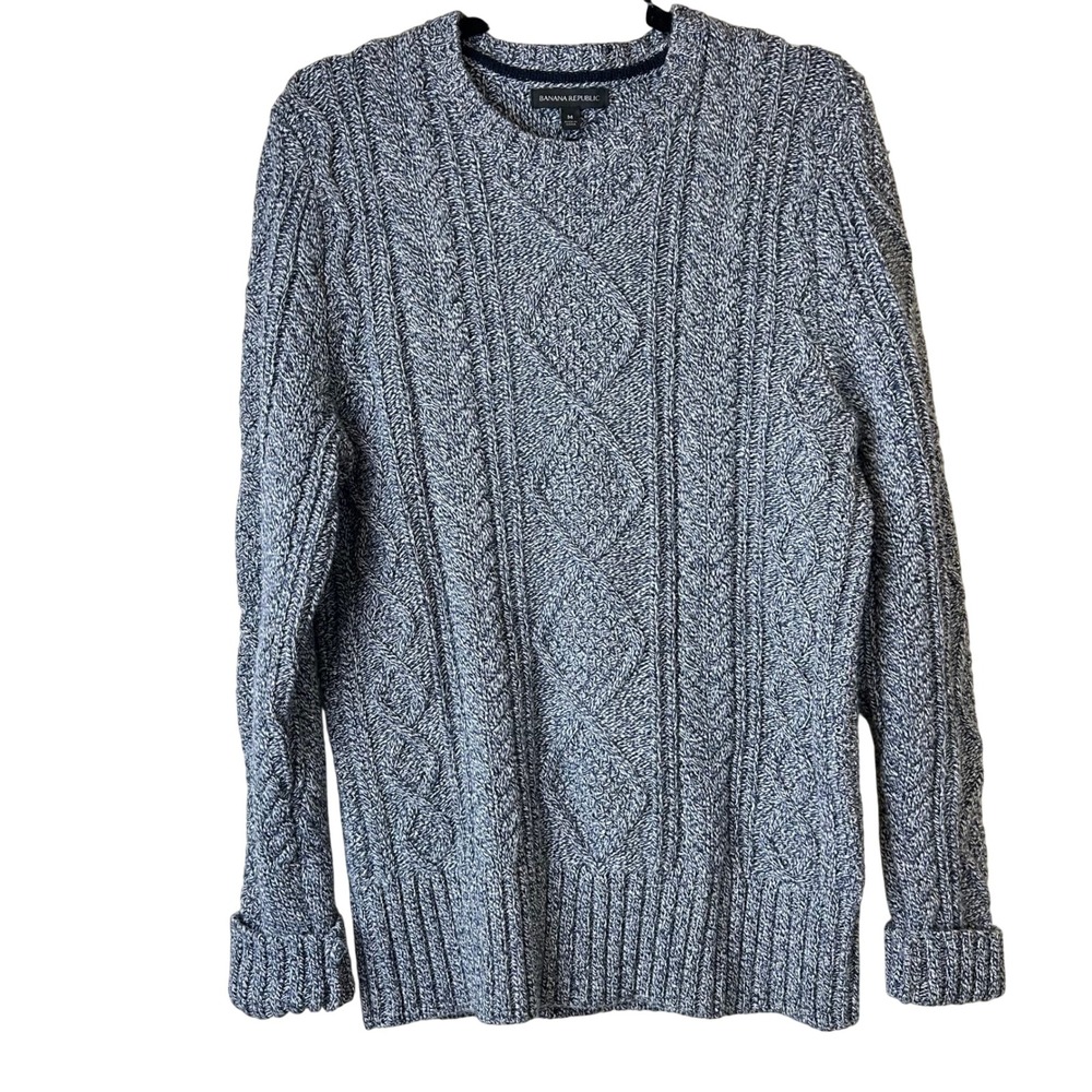 Banana Republic Mens Sweater Merino Wool Blend Cable Knit Fisherman Blue M